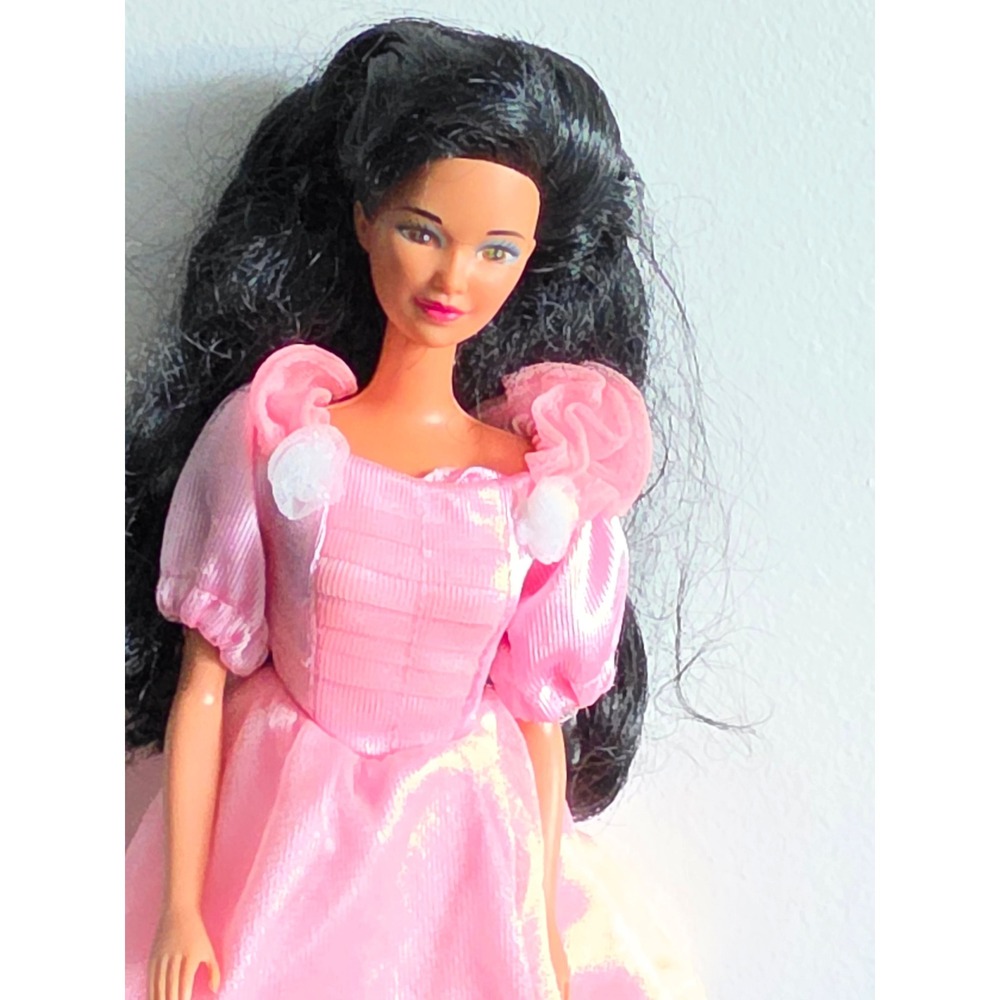 Vintage Mattel Doll Black Hair Green Eyes Pink Princess Gown Puffy Sleeves 90s
